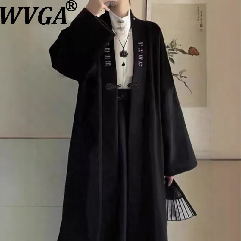 

WVGA Spring Autumn New Men Tide Chinese Style Mid-Length Button Trendy Cardigan Jacket Niche Chic Casual Embroidered Coat W15375