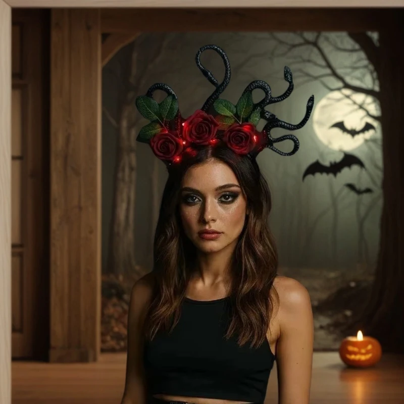

Светодиодная повязка на голову Медузы — светящаяся готическая корона со змеей и розой — аксессуар для костюма на Хэллоуин и День мертвых для женщин