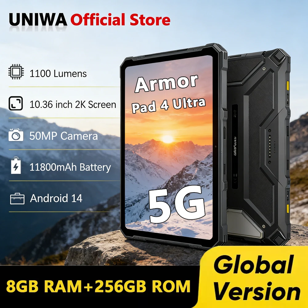 Ulefone Armor Pad 4 Ultra 5G Rugged Tablet Android IP68/IP69K Smart Pad 11800mAh Battery 8GB+256GB 10.36” LED Light Tablets PC
