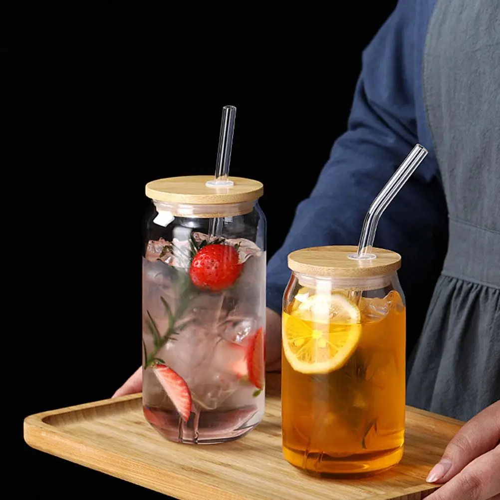 

2 Pcs Glass Cups Bamboo Lid Straw Tumbler Cold Heat Resistant Milk Drinking Transparent Fashionable Easy Clean