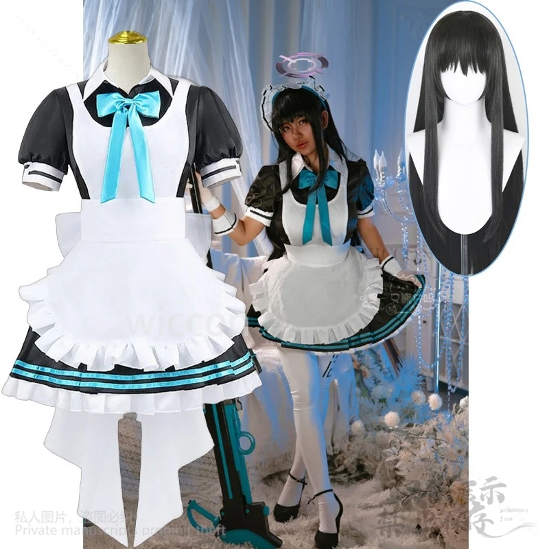 Anime Game Blue Archive Cosplay Kakudate Karin Costume Maid Dress Cute Lolita Outfits Black Wig Halloween Party For Women Girls