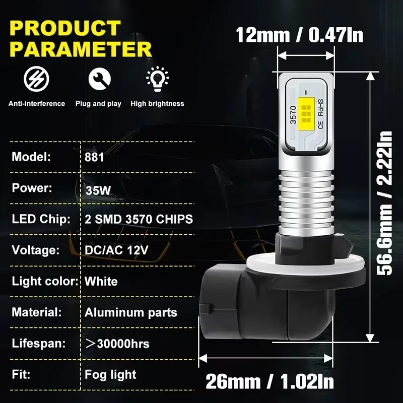 2pcs 881 886 894 6000K White Yellow 3570 CSP LED Fog Driving DRL Lights Bulb Lamp for HYUNDAI for DODGE