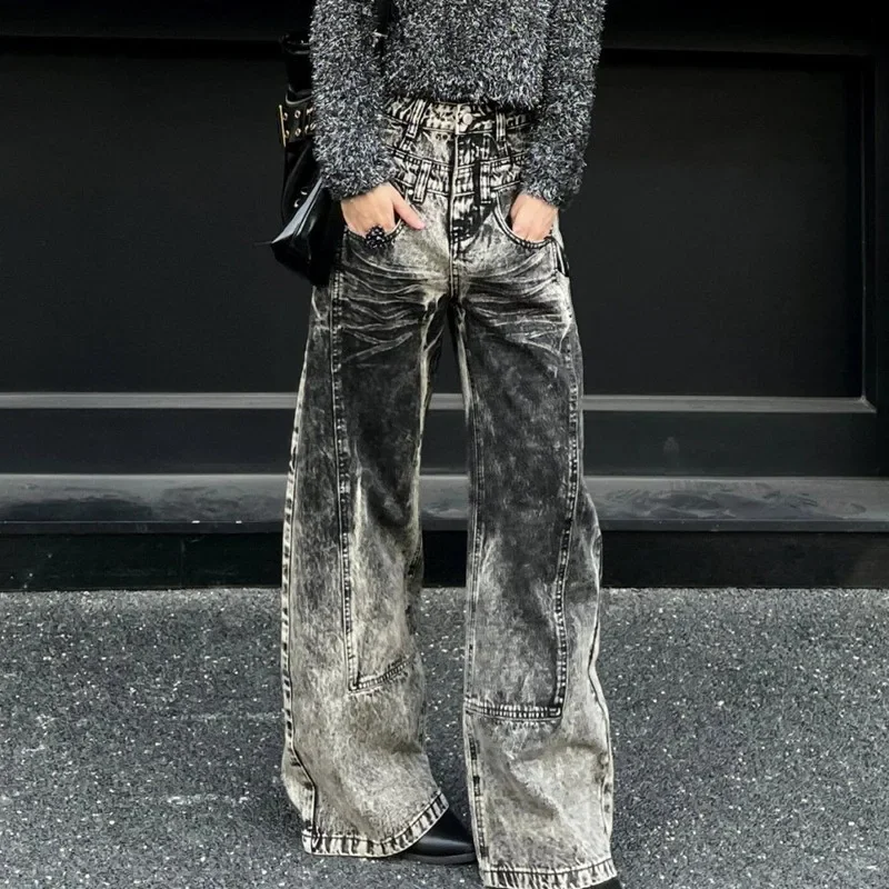 2024  Tie Dye Vintage Grey Baggy Jeans Pants For Women Clothes Wide Leg New Rock Straight Goth Lady Trousers