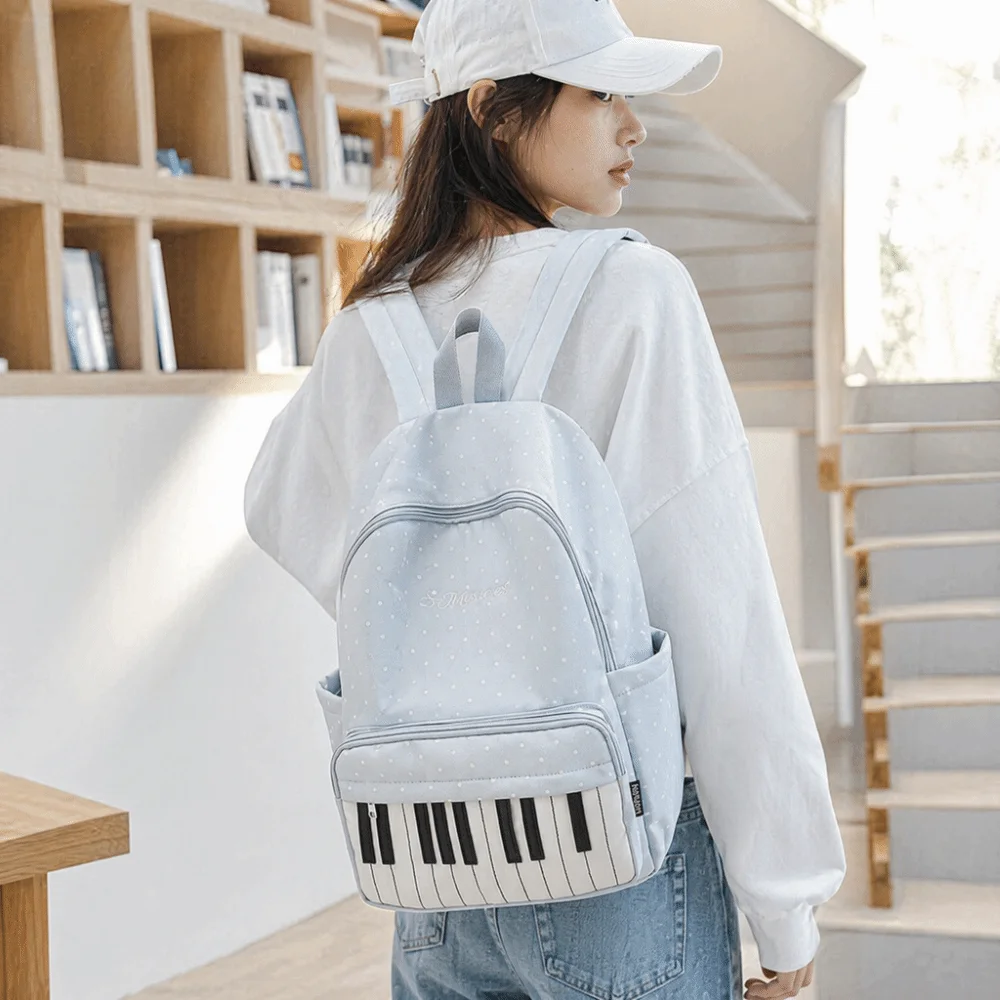 

Nylon Polka Dot Print Backpack Preppy Style Color-blocked Large Capacity School Bag Durable Cute Piano Key Backpack Shopping