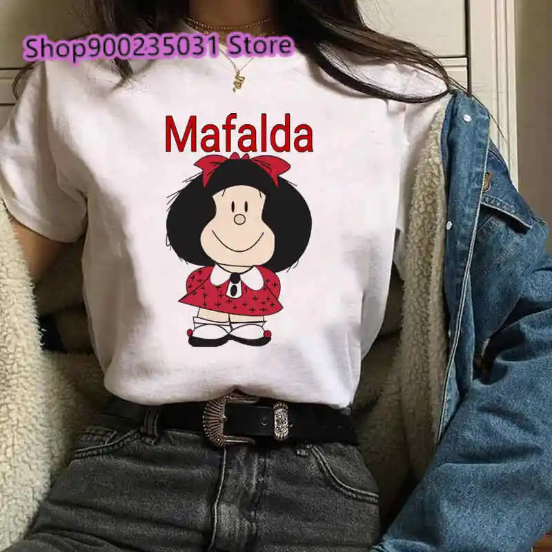 Harajuku T-shirt Women Mafalda Graphic Short Sleeve T-shirts Streetwear O-Neck Black Tops Tee 90s Cartoon Tshirt Femme