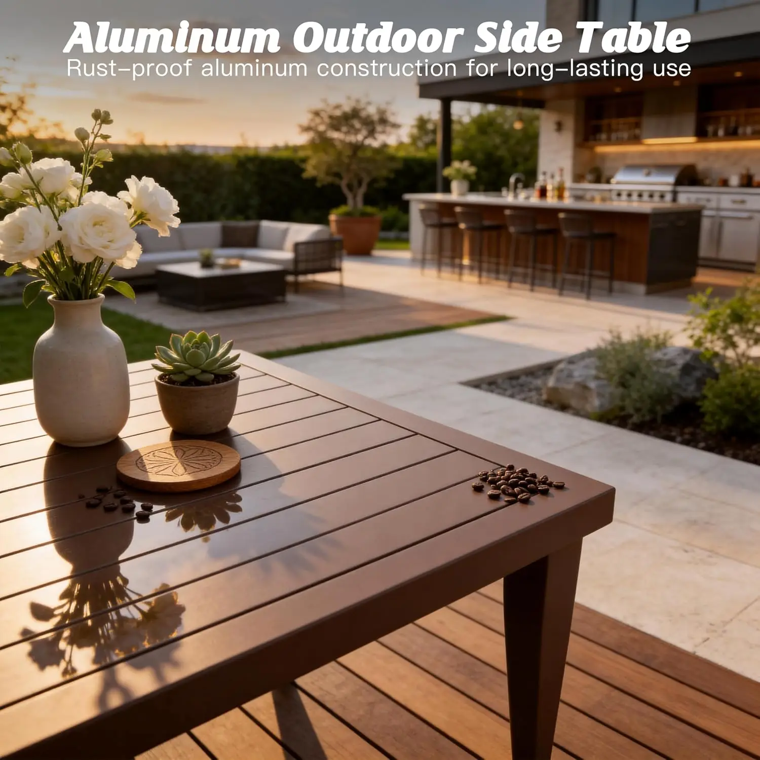40 Inch Square Aluminum Outdoor Patio Coffee Table Side Table Wave Pattern Slatted Top All Weather Rust Resistant Balcony Porch
