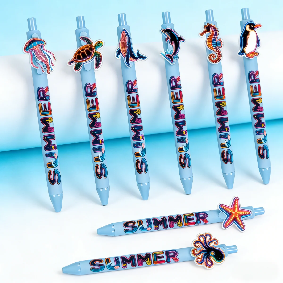 8 pieces / 15 pieces neon-colored marine animal-themed ballpoint pens. Aquarium gift writing pens. Marine enthusiast gift pens.