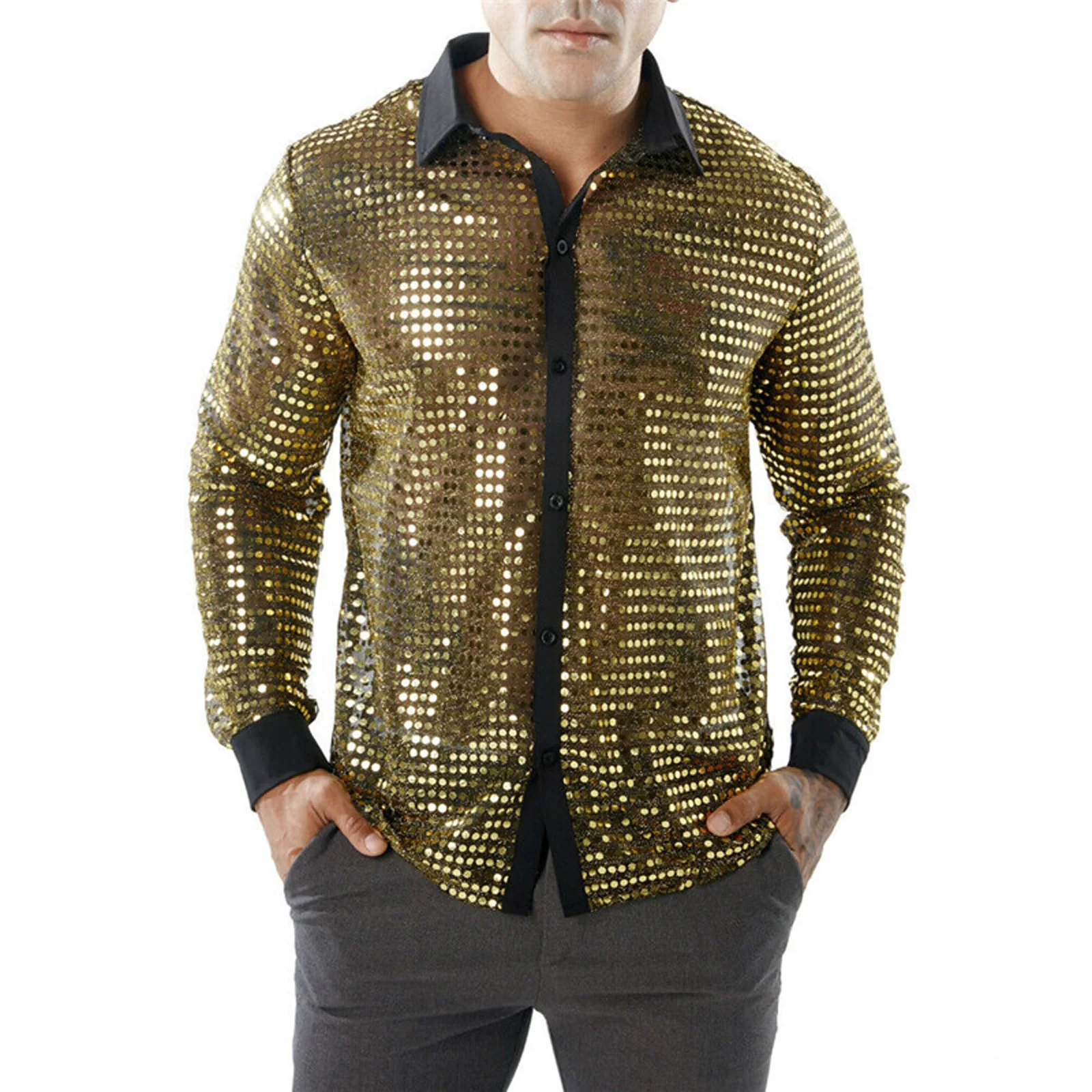 Retro Disco Men's Sequined Shirt American Fashion Performance Party Shiny Shirts Spring Nightclub Casual Long Sleeve Tops