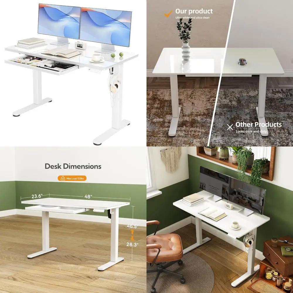 

Electric Height Adjustable Glass Desk with Drawers, 48 x 24 Standing Desk for Home and Office