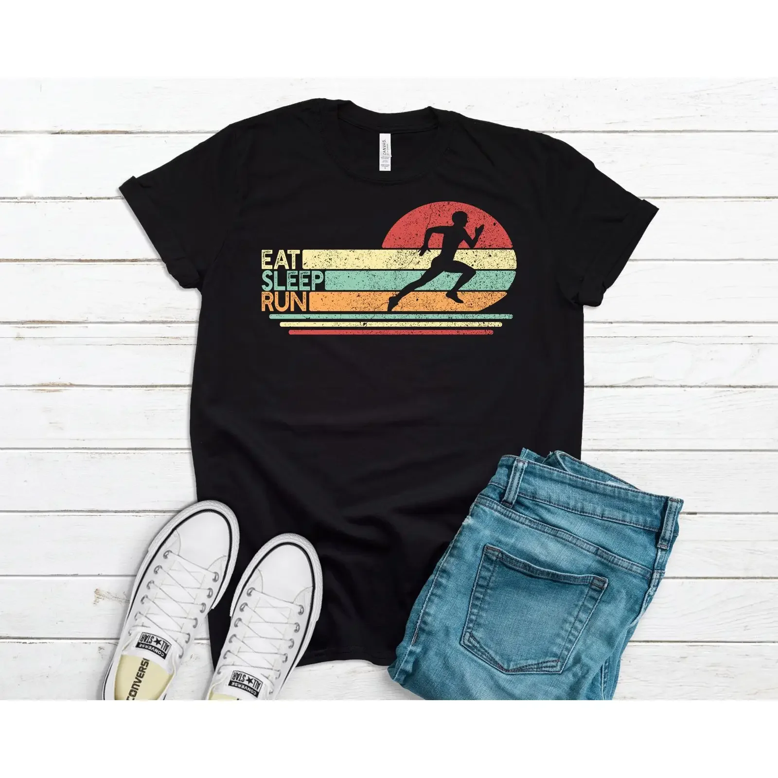Eat Sleep Run Vintage Style Running T Shirt Marathon Runner for Dad Track Field  Jersey vintage Washed Versatile fashion