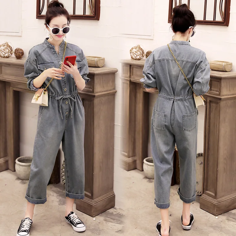 

Женские джинсовые комбинезоны с высокой талией, свободного кроя, с длинными рукавами, весенне-осенние, утягивающие, из смесового хлопка, повседневные брюки