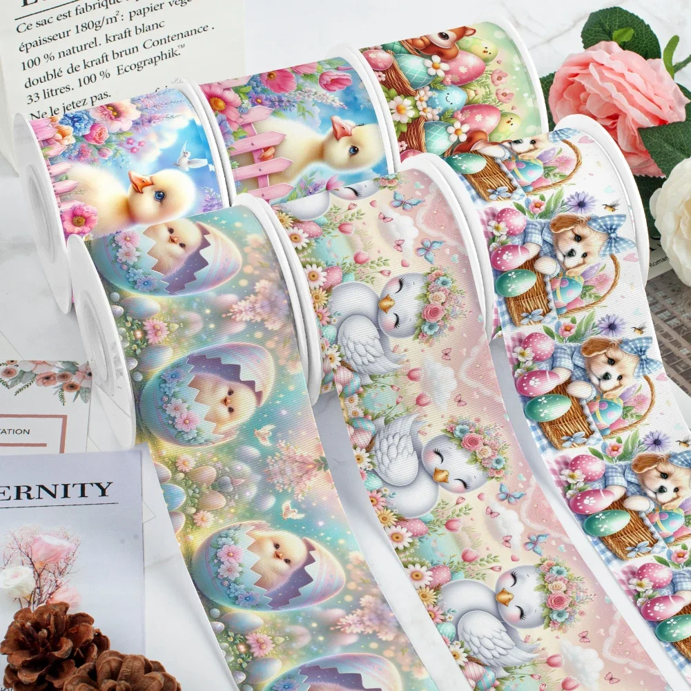 5yards Easter Animals Chicken Easter Egg Pattern Grosgrain Ribbons Satin Ribbon for Cheer Bows DIY Girl Hair Bows Party