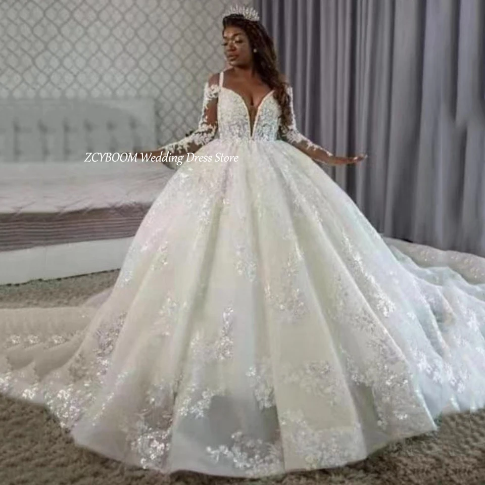 Customized Spaghetti Strap Sequin Appliques Off The Shoulder Wedding Dress 2025 Ball Gown Floor Length Sweep Train Bridal Gown