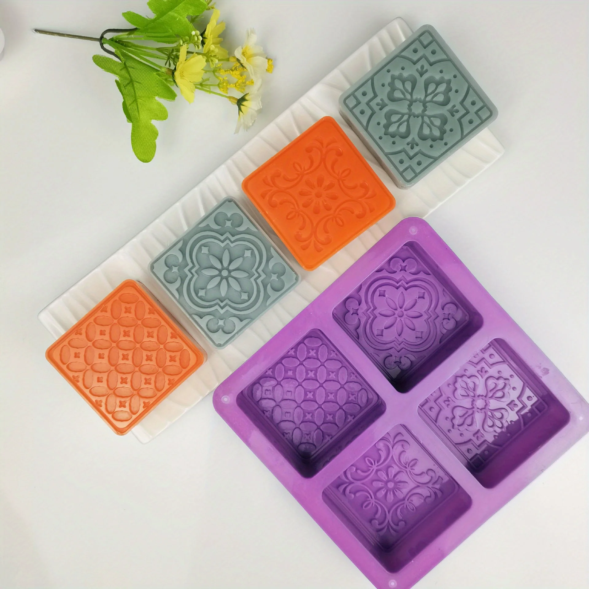 4-Cavity Square Soap Mold with Floral Designs - Silicone Soap Making Molds for DIY Projects