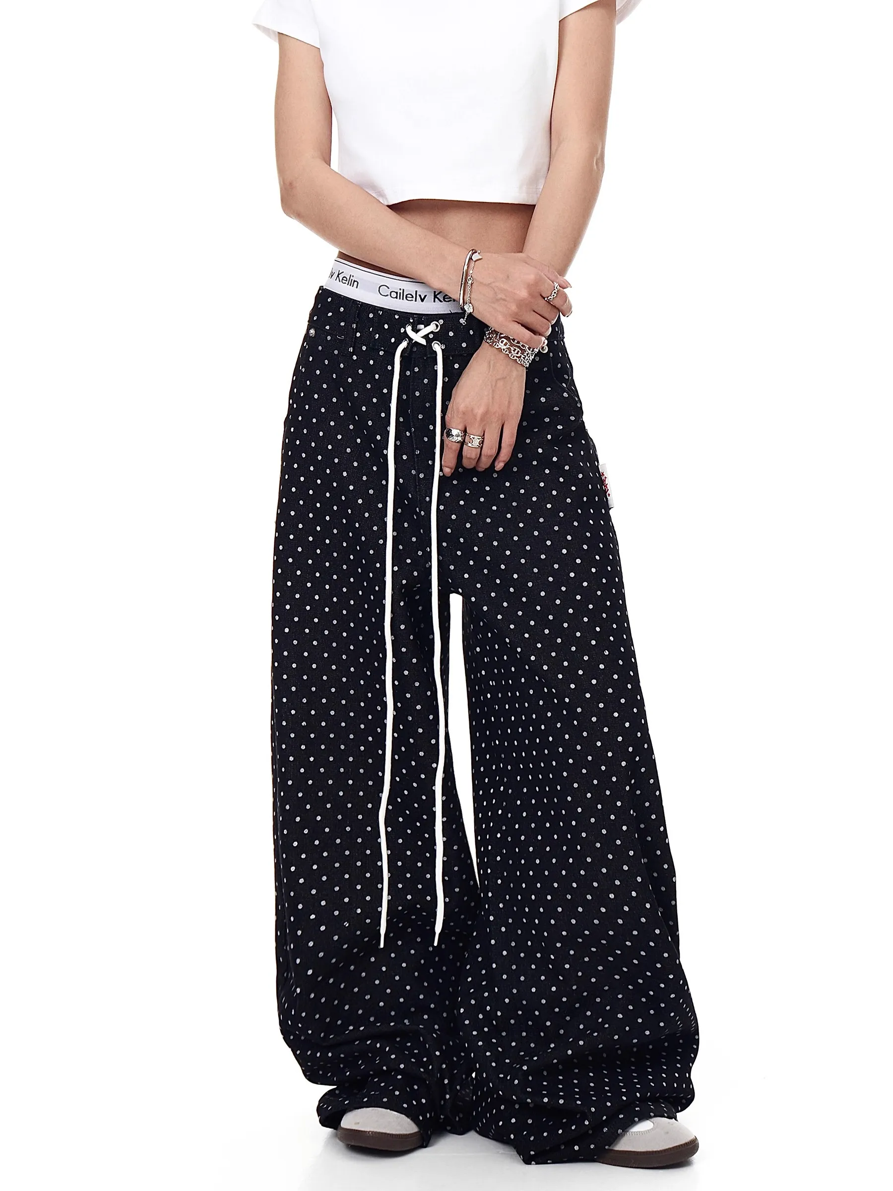 جينز نسائي أسود برباط منقط برباط على الموضة بنمط هاراجوكو كوري عصري فضفاض مستقيم سروال غير رسمي بنطلون