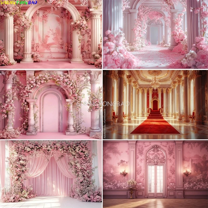 

Elegant White Wedding Hall Beautiful Palace Castle Photography Backdrops Elegant Pastel Flower Photo Studio Background DT-04