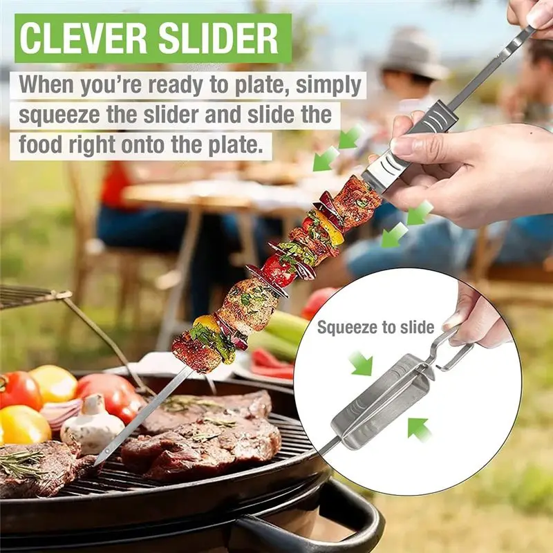 ABRE-Stainless Steel Kabob Skewers For Grilling, 16-Inch Metal Skewers With Slider For Safe & Easy BBQ, 4-Piece Durable Easy To