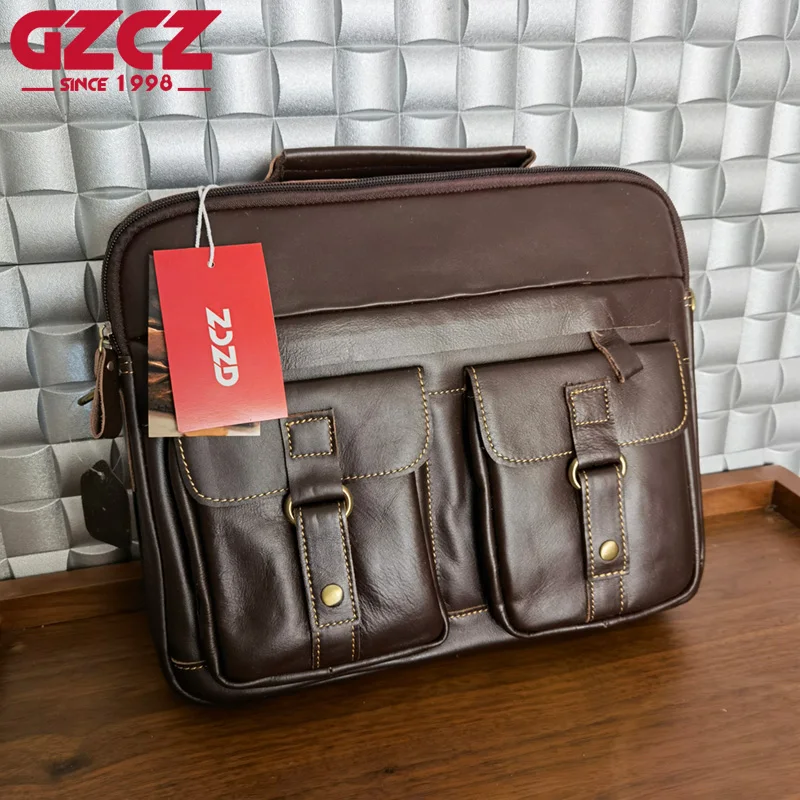 GZCZ Men's Handbag Leisure Business Computer Bag Head Layer Cowhide Horizontal Style Briefcase Shoulder Bag for Work
