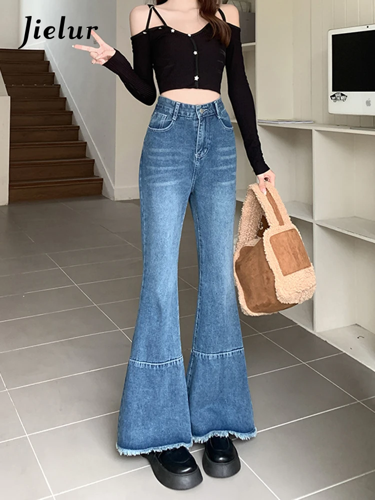 

Jielur Tassel Vintage Jeans Woman Autumn Winter Korean New Chic High Waist Slim Lady Blue Jeans Denim Flare Pants Women S-XL