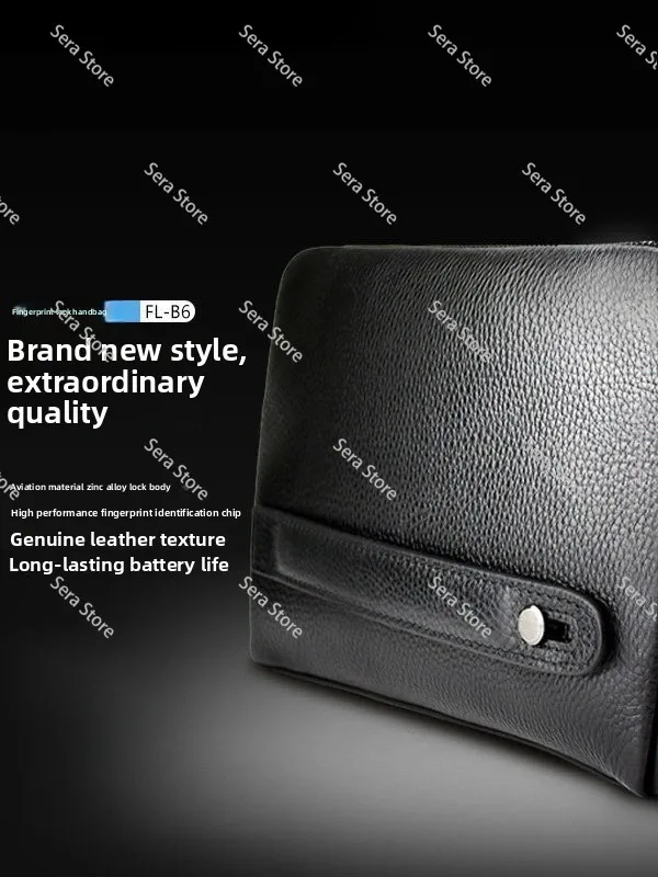 Men's Fingerprint Lock Bag, Leather Handbag, Long Money Wallet, Mobile Phone Pouch, Anti-Theft Messenger Pouch