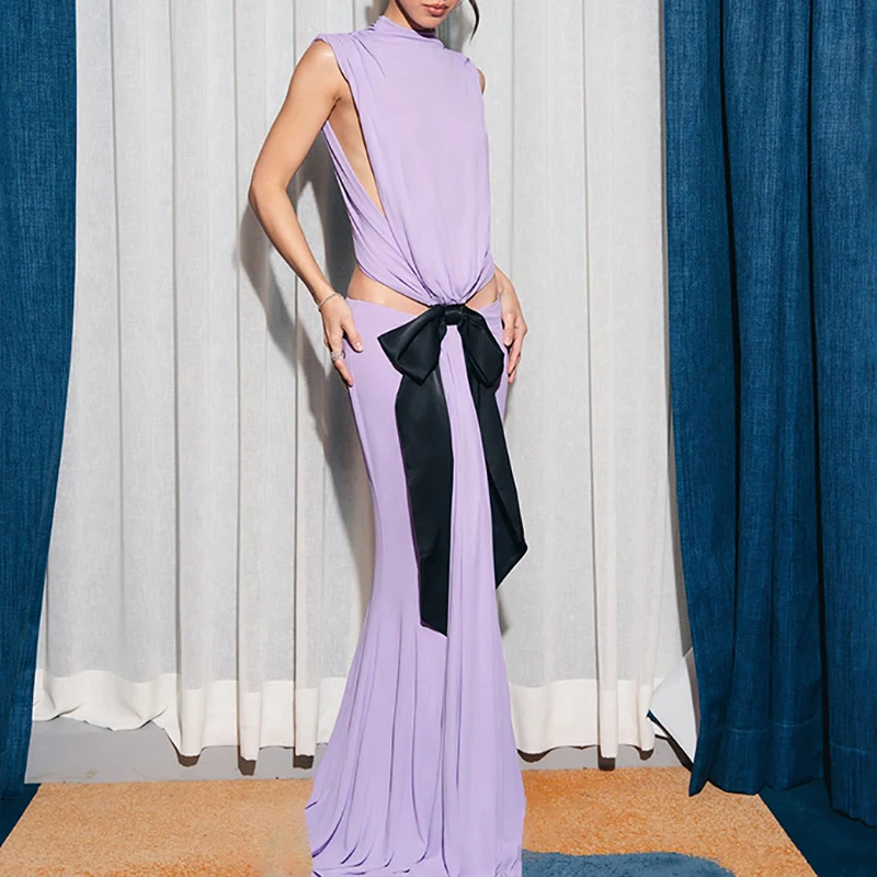 

Fashion Slim Party Long Dresses New Design Style Bow Lace Up Hollow Evening Dress Sexy Sleeveless Contrast Color Wrap Hips Dress