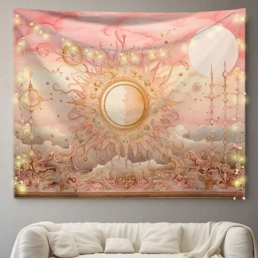 VIKAMA Pink Gold Sun God Tapestry Dreamy Moon Star Cloud Universe Energy Wall Hanging for Bedroom Living Room Decor