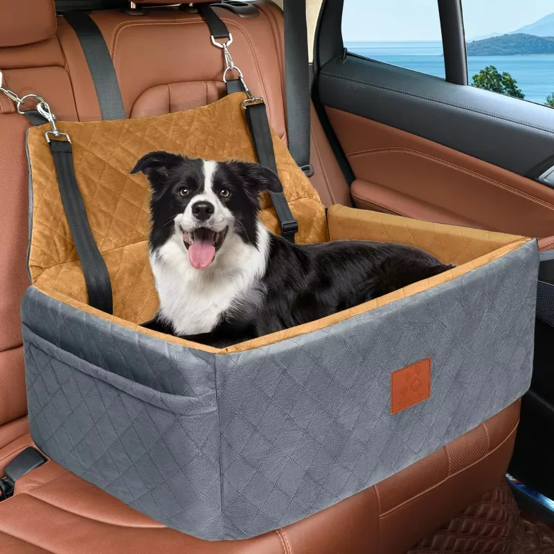 Luxury Modern Square Dog Car Plush Velvet Pet Booster Memory Sponge  Cushion Premium Seat Belt Carton Packaging