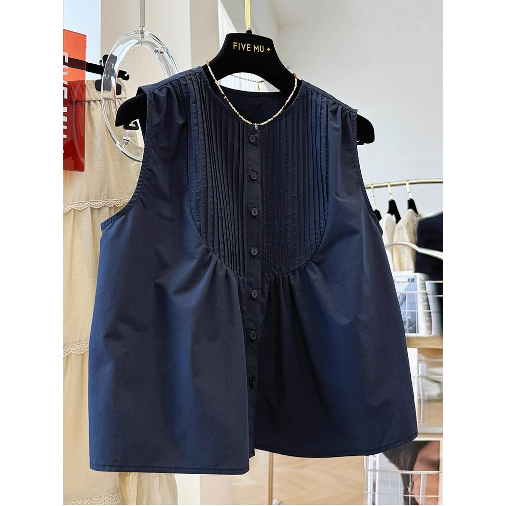 Coreano Sle rotondo Ne Svel irt Vest Top Donna Estate Anti invecchiamento Sensazione di fascia alta Pieghettato una linea Doll irt