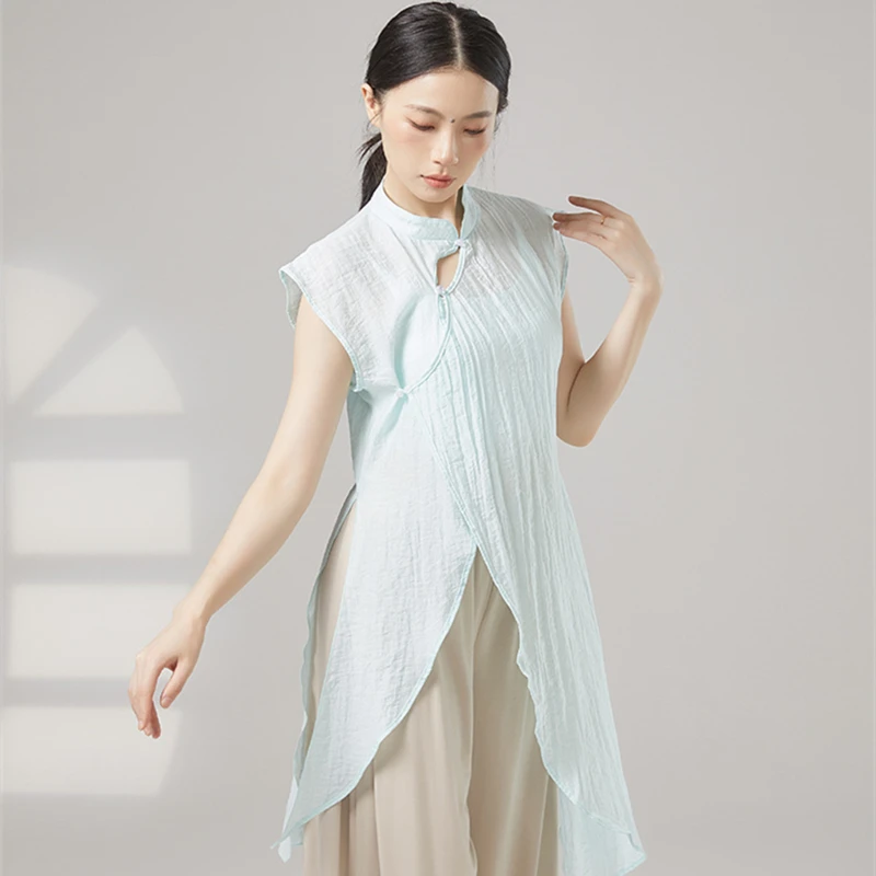 Classical Dance Costumes Women Vintage Qipao Collar Hanfu Tops Long Dress Short Sleeve Shirt Irregular Hem Performance Clothes