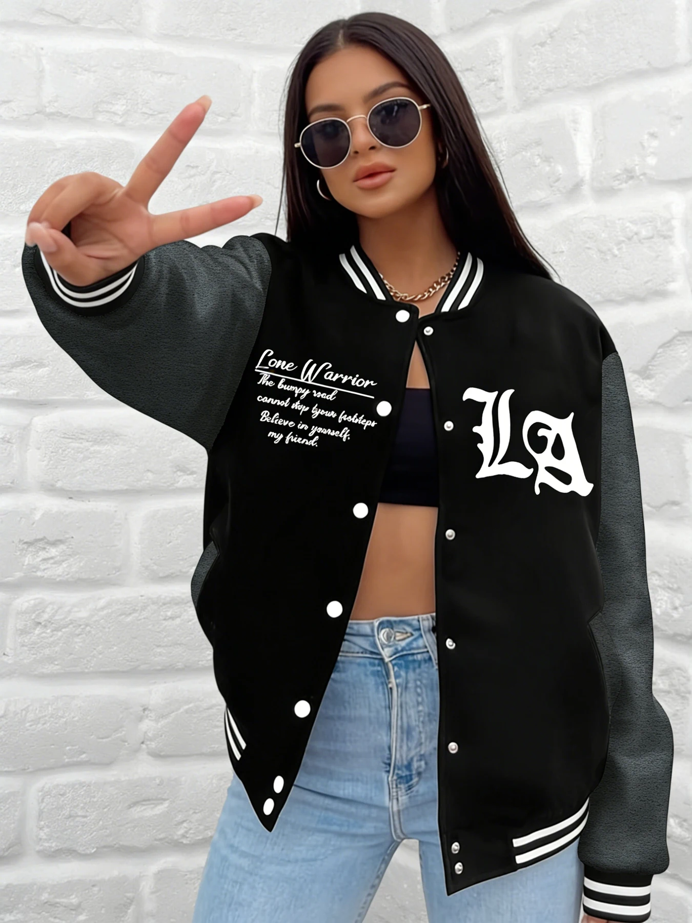 Women Lone Warrior Print Baseball Jacket LA Letter Graphic Varsity Coat Loose Fit Outerwear Casual Street Daily Wear