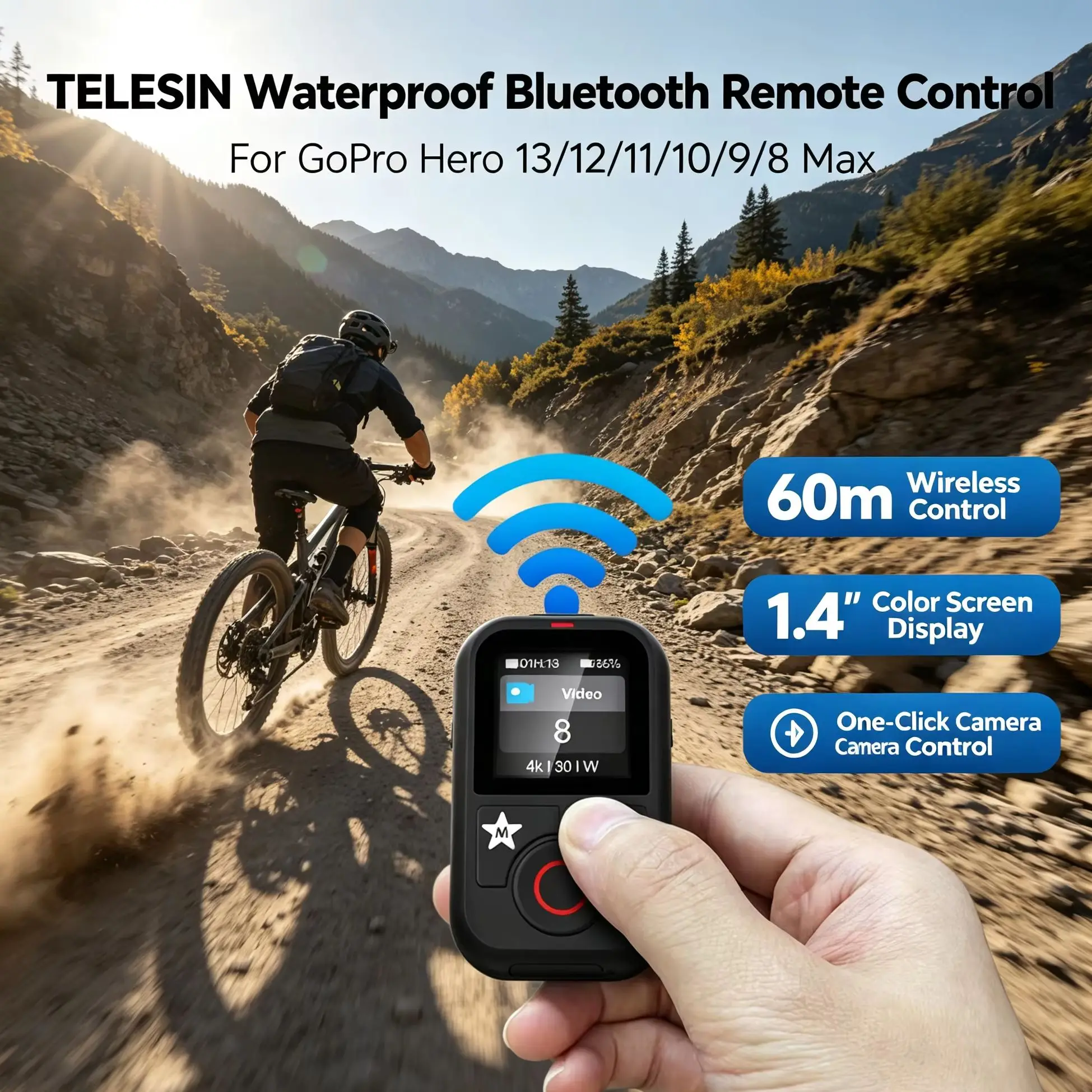 TELESIN T13 Bluetooth Remote Control Waterproof 1.4 Inch HD Screen 60M Wireless Controller For GoPro Hero13 12 11 10 9 8 Max