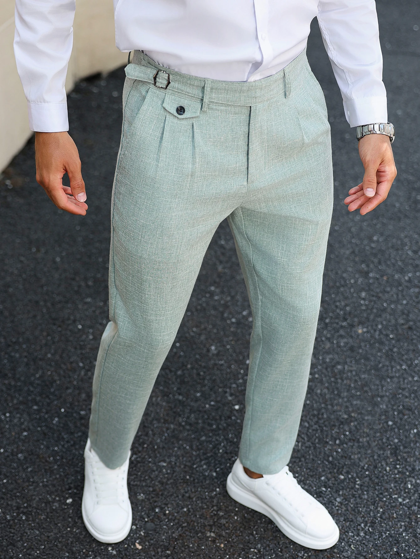 Men's Business Casual Textured Gurkha High Waist Cropped Chino Pants Stretch Viscose Pleated Green Black Navy Trousers