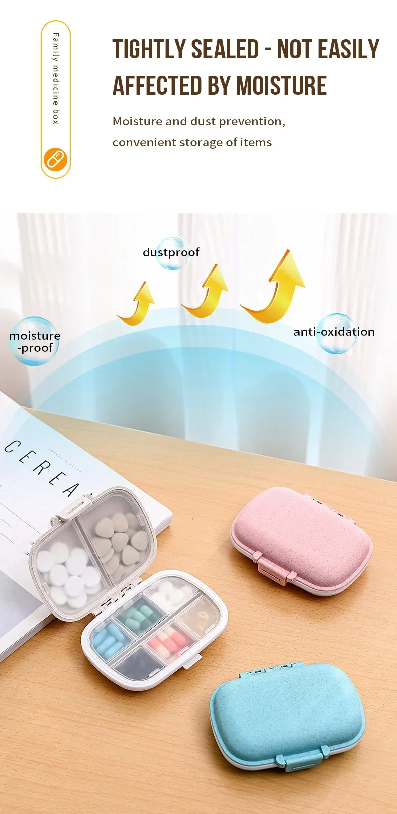 Kompakter wöchentlicher Pillen-Organizer, tragbare minimalistische Reise-Medizinbox, täglicher Aufbewahrungsbehälter für Tabletten und Vitamine – Detail 6