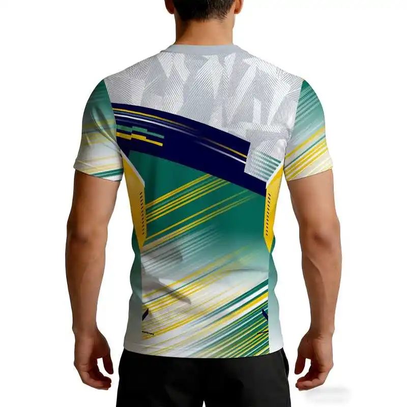 Men's High-Stretch Quick-Dry Fitness Shirt Green White Yellow Dynamic Line Athletic Short Sleeve Tight Muscle-Defining Top Moist