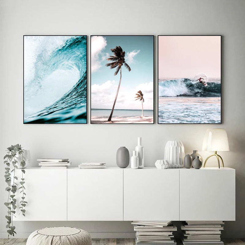 

3Pcs /Set Nordic Wave Surfing, Coconut Tree Landscape Canvas Printed Poster Wall Art Painting Modern Living Room Home Decoration