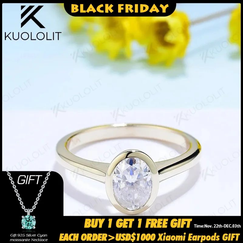 Kuololit 1CT Oval Cut Moissanite Rings for Women Solid 18K 14K 10K Yellow Gold Diamond Rings Bezel Set for Anniversary Wedding