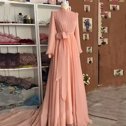 Customized Pink Classic Evening Dresses High Neck Full Sleeves A-Line Belt Party Gowns Chiffon Sweep Train فساتين مناسبة رسمية