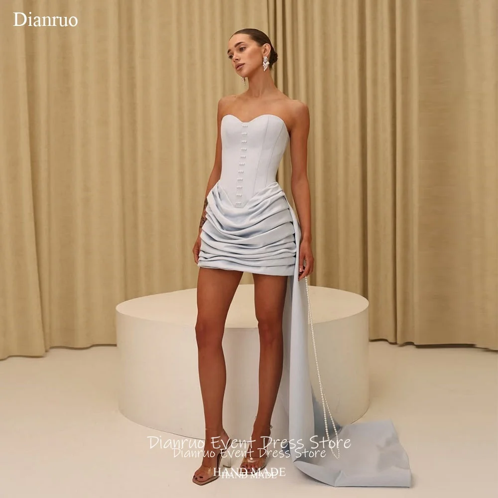 Dianruo Himmelblaue geraffte Satin-Abschlussballkleider mit Herzausschnitt und Perlen, Vestidos De Gala De Noche, asymmetrische Geburtstagskleider, individuell gestaltet