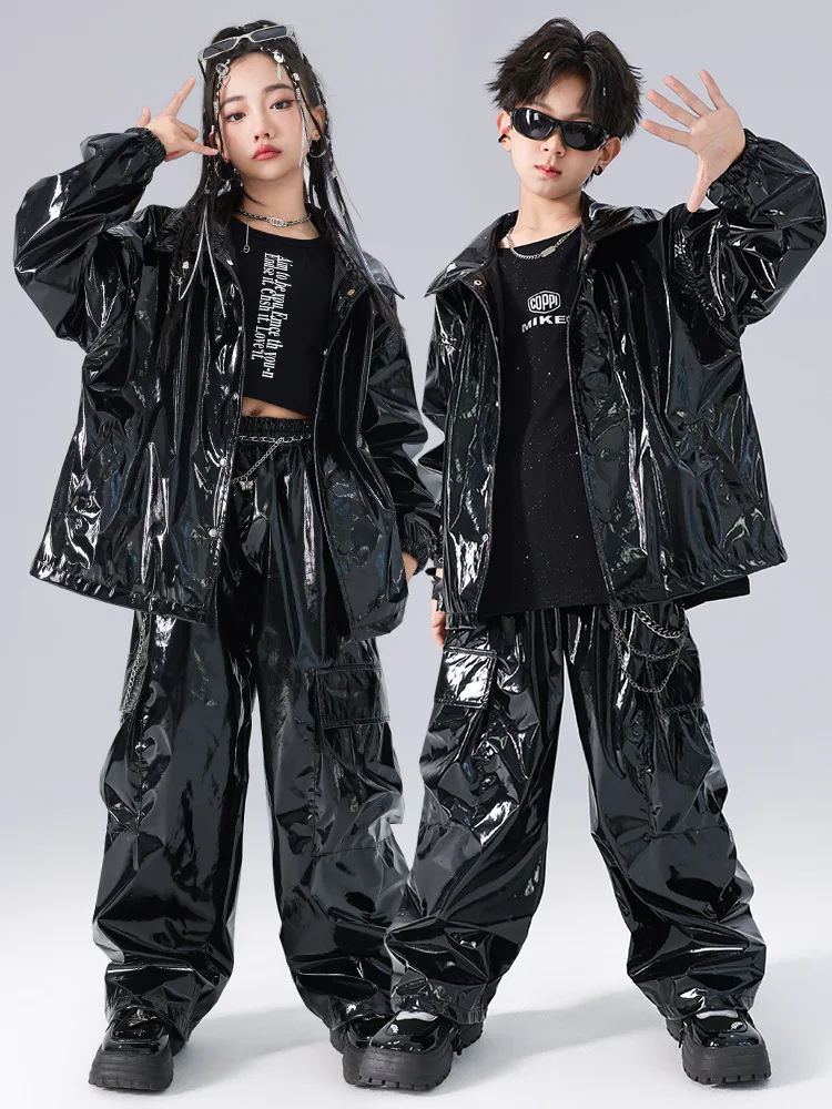 2024 novas roupas da menina dança wear kpop palco traje de couro manga longa topo calças carga terno criança jazz dança desempenho roupas