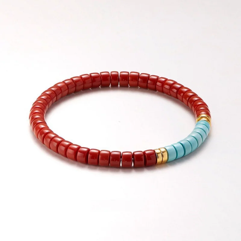 

6mm Turquoise Tablet Natural Red Bracelet 18k Gold Girlfriend