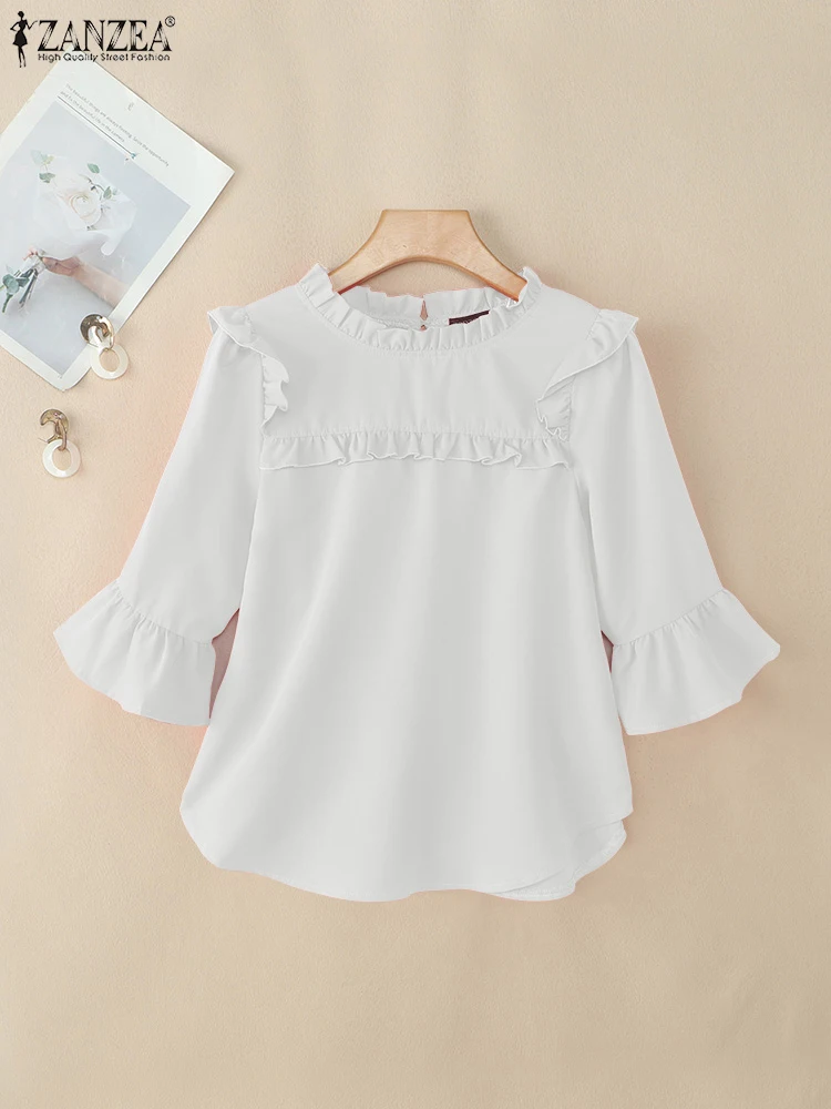 ZANZEA Women Stylish 3/4 Flare Sleeve Work Blouses Autumn Spring Shirt O Neck Tops Female Chemise Stylish Solid Holiday Blusas