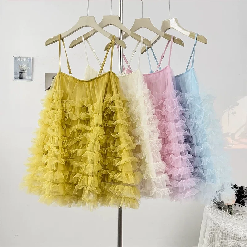 Vestido feminino sem mangas em camadas doce fada malha elegante rosa roxo azul preto babado festa vestido de baile curto mini vestido deslizante