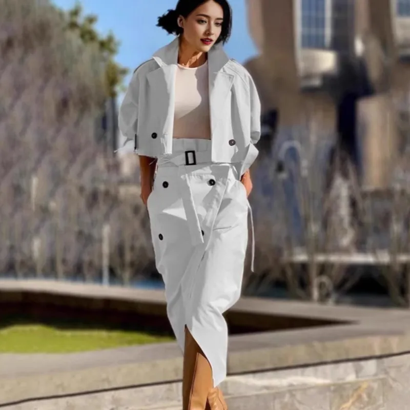 

Elegant Women Casual Office Two Piece Sets Outfit Autumn Solid Notched Collar Long Sleeve Jacket And Wrap High Split Skirts Set