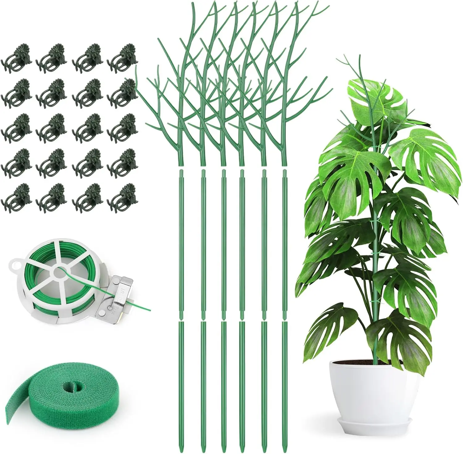 6 Pack 39.37 Inch Tall Green Plant Support Stakes with Clips and Ties for Indoor Potted Plants