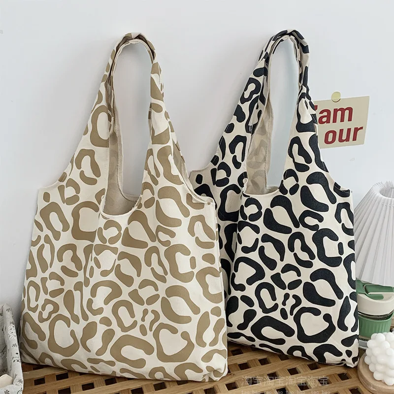 

INS Korean Students Khaki Black Casual Leopard Print Shopper Bag Large Canvas Tote Carryall Wholesale Soft 2023 Fashion Trend