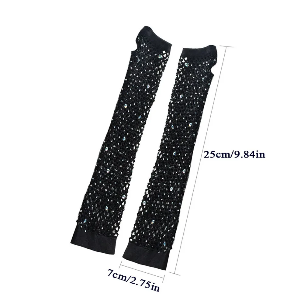 Women Shiny Rhinestone Long Fishnet Net Gloves Fingerless Arm Sleeve Sexy Mittens Punk Rock Mesh Night Club Performance Arm Cuff