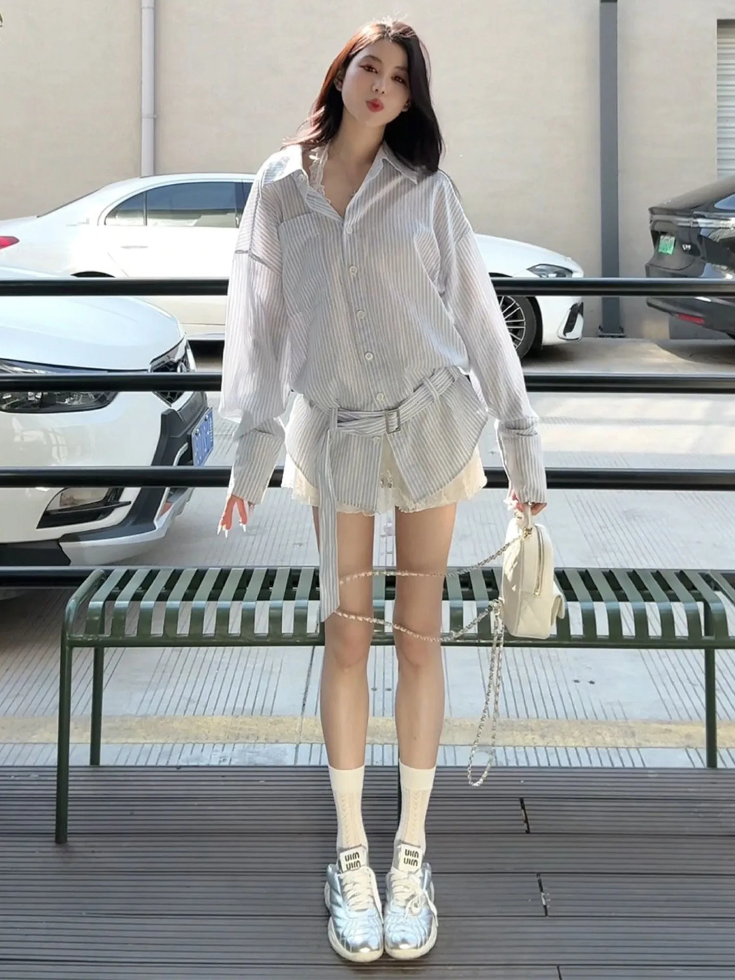 

Blue Stripe Pattern Long Sve irt Women's Spring Summer Mid-Length Waist-Cinching Design Belted Casual Faion Top