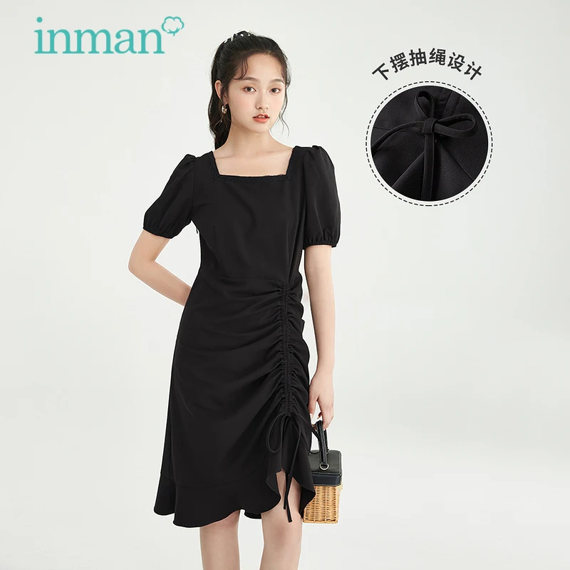 

INMAN Spring Summer Women's Dress Vestidos Embroidery Square Collar Puff Sleeves Ruffle Asymmetric Dress Vintage Female Clothing