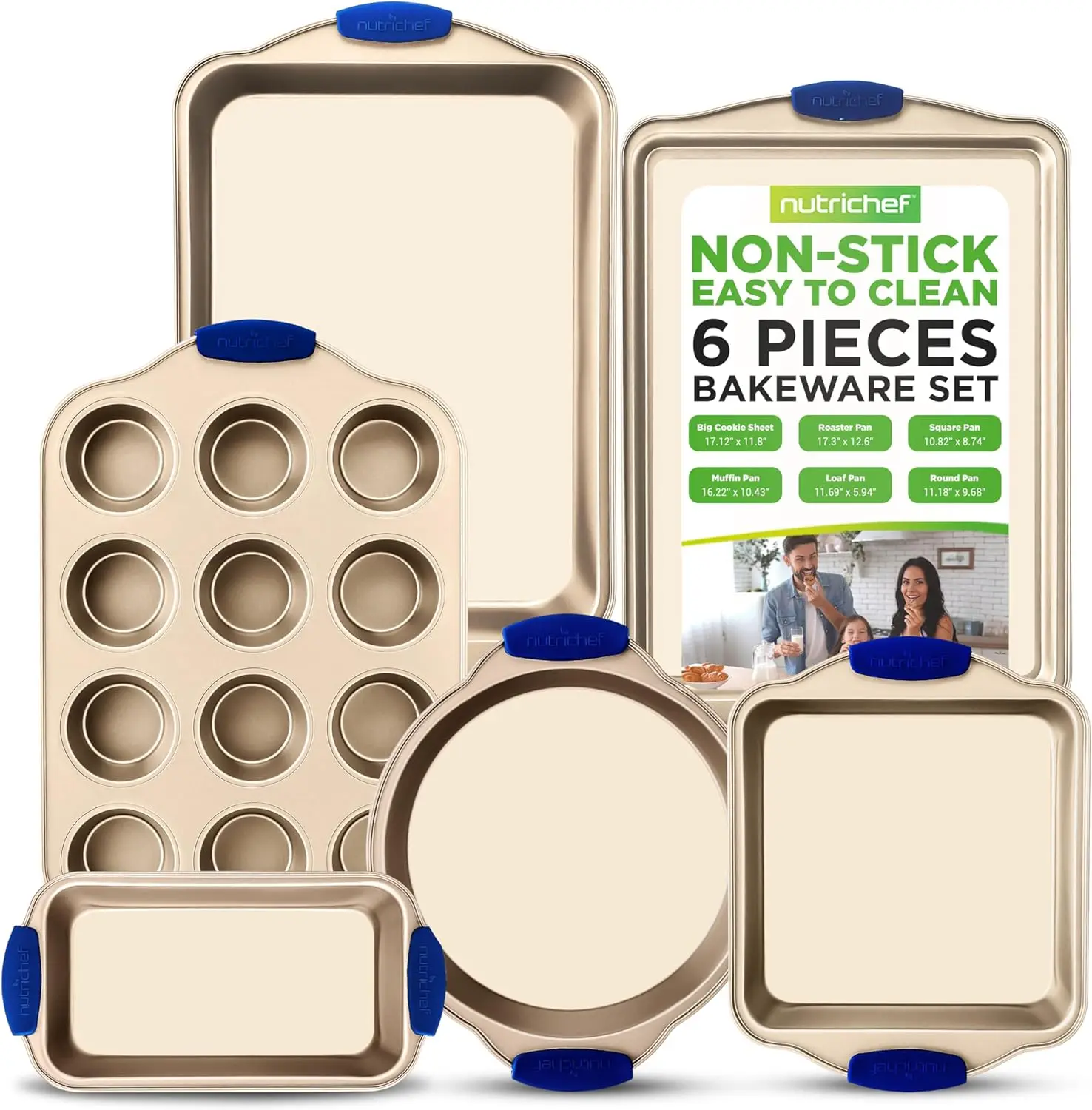 

6-Piece Nonstick Bakeware Set - Premium Carbon Steel Baking Trays w/Heat-Safe Silicone Handles - Includes Loaf Pan