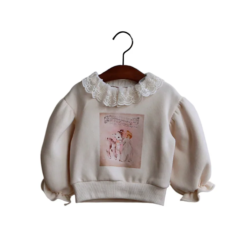 Children Clothing Girls Hoodie 2023 Winter Korean Style Girls Lace Collar and Velvet Cartoon Printed Casual Simple Sweet Hoodie